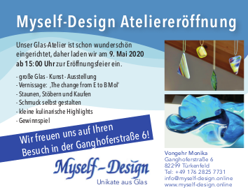 blaue Schale und Schmuck auf Werbe-Anzeige für Atelier Eröffnung